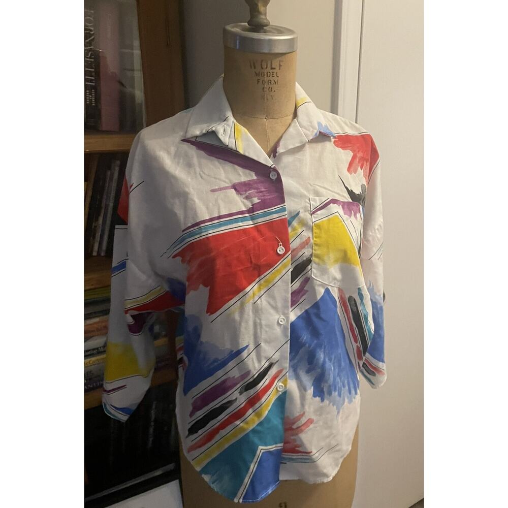 Vintage 80s Colorful Abstract Art Deco Button Blouse PolyCotton Medium USA Union